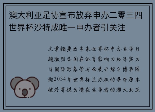 澳大利亚足协宣布放弃申办二零三四世界杯沙特成唯一申办者引关注 澳大利亚足协宣布放弃申办二零三四世界杯沙特成唯一申办者引关注